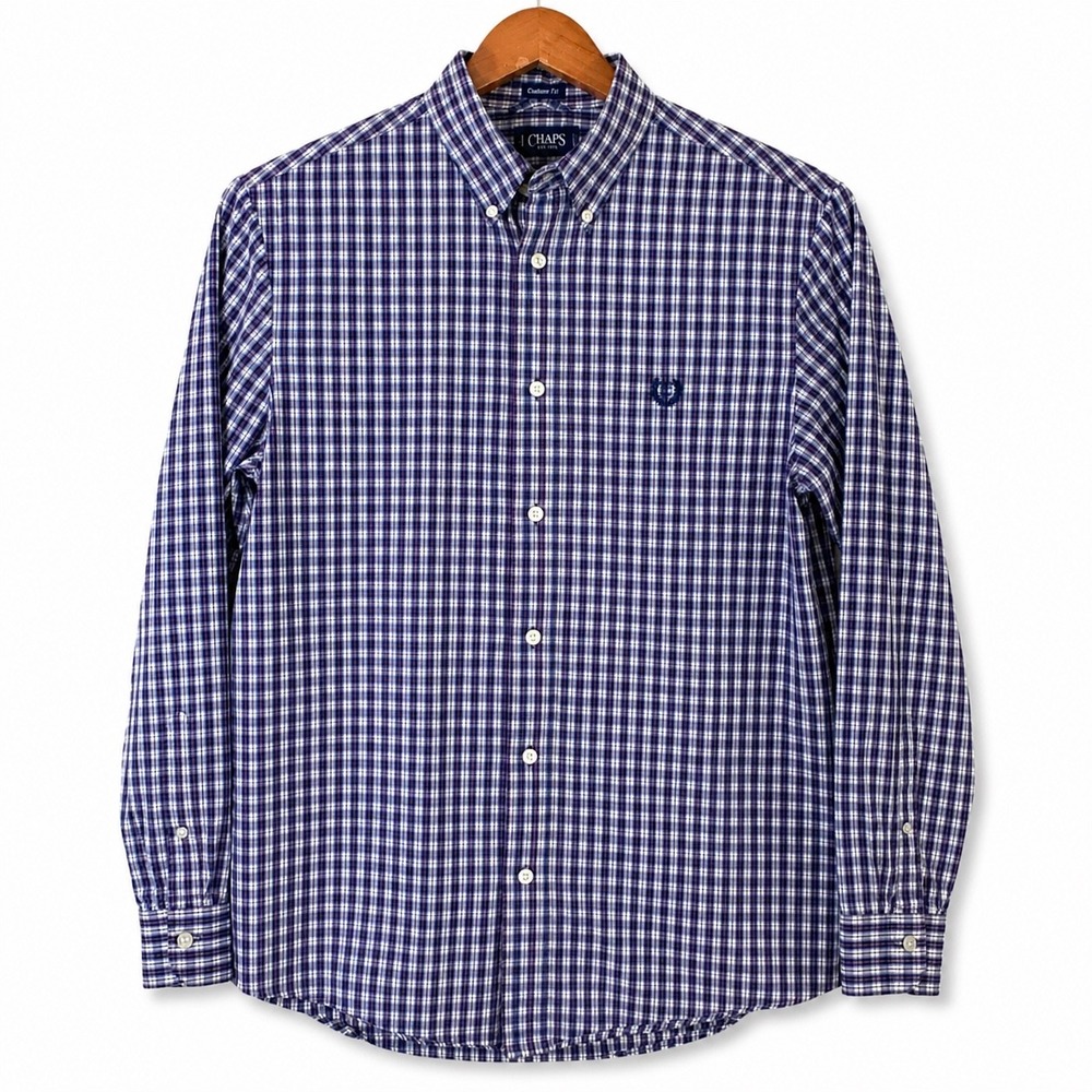 Chaps Mens Custom Fit Plaid Button Down Shirt Blue Small School Office Church
